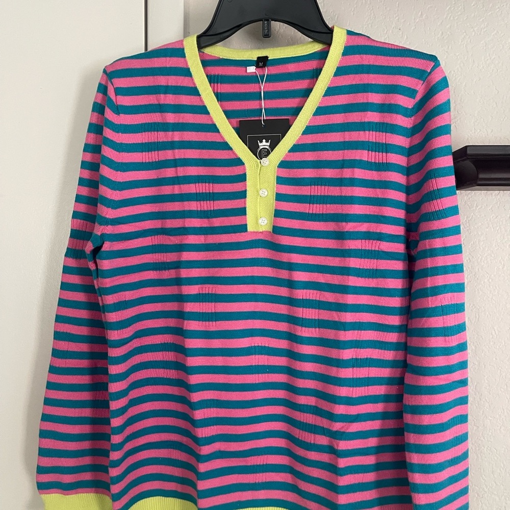 Striped V-Neck Sweater - Pink and Green